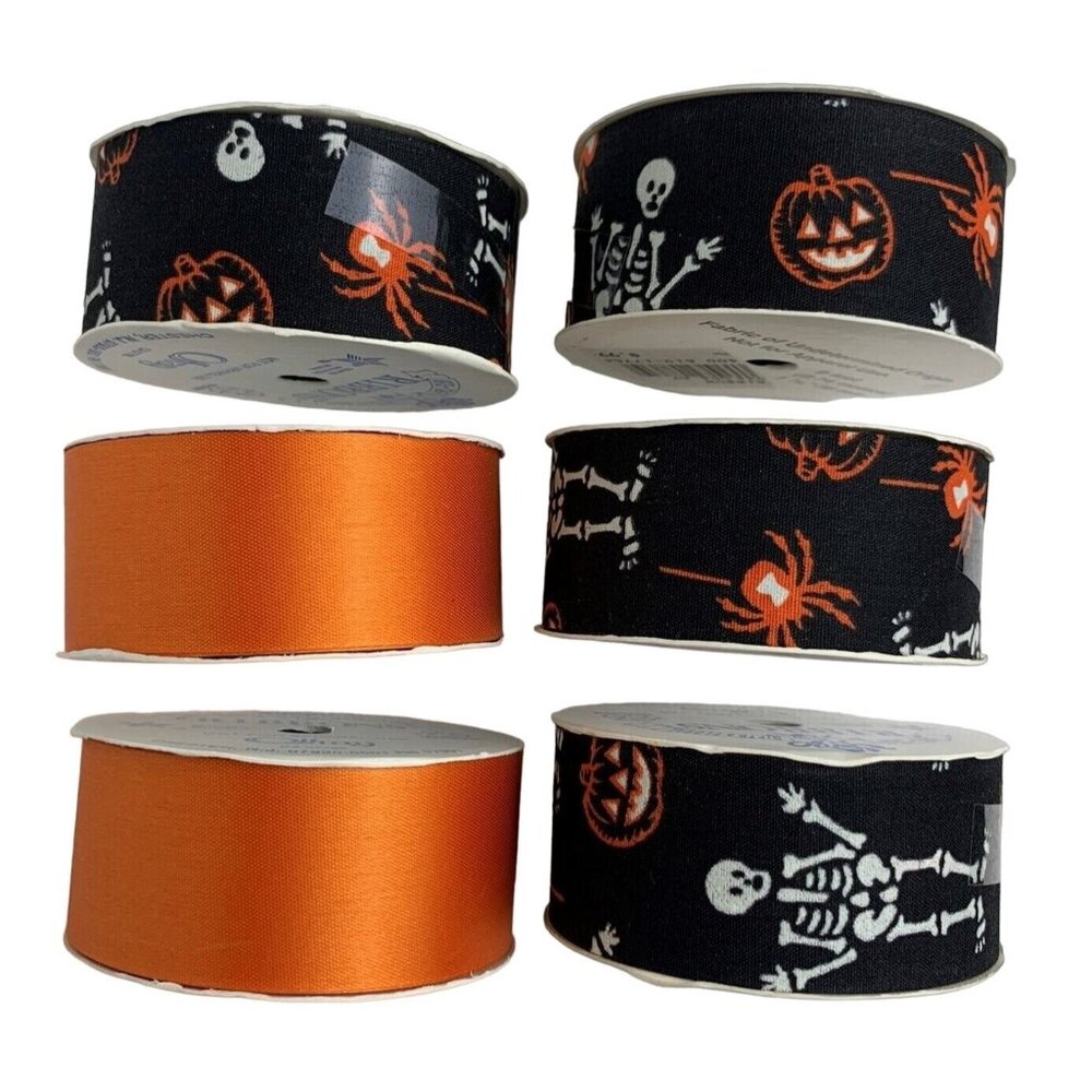 Vintage Offray Halloween Ribbon 6 Spools Orange Black Skeleton Pumpkin 1.5" Wide